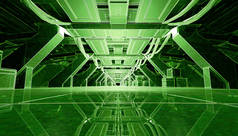 抽象绿色发光科幻未来走廊设计。3d 渲染.