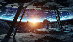 宇航员探索一个巨大的小行星外星人太空飞船在空间3d 渲染元素的这个图像由 Nasa 提供
