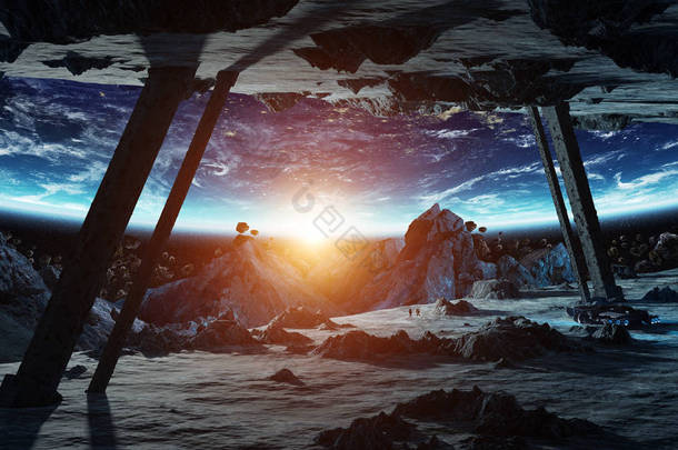 宇航员探索一个巨大的小行星外星人太空飞船在空间3d 渲染元素的这个图像由 Nasa 提供