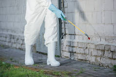 建筑墙面喷洒杀虫剂的害虫防治工作者裁剪图像