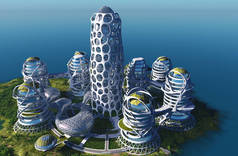 未来的海岸城市3D渲染