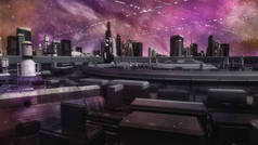 3d 渲染。未来城市和宇宙飞船