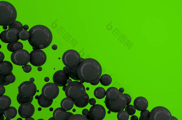 绿色背景下随机尺寸的黑色球体。抽象背景与圈子。墙前的圆云。3d 渲染插图
