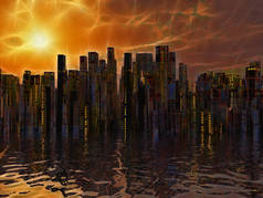 水日落或日出的城市