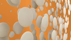 橙色背景上随机大小的白色光盘。抽象背景与圈子。墙前的圆云。3d 渲染插图