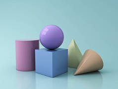 彩色粉彩几何3d 图形形状立方体金字塔锥体圆筒球形在蓝色绿色柔和的颜色背景下被隔绝以反射和阴影3d 渲染