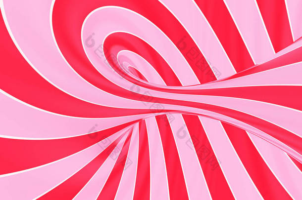 圣诞<strong>喜庆</strong>的粉红色和红色螺旋隧道。条纹扭曲棒糖光学错觉。抽象<strong>背景</strong>。3d 渲染.