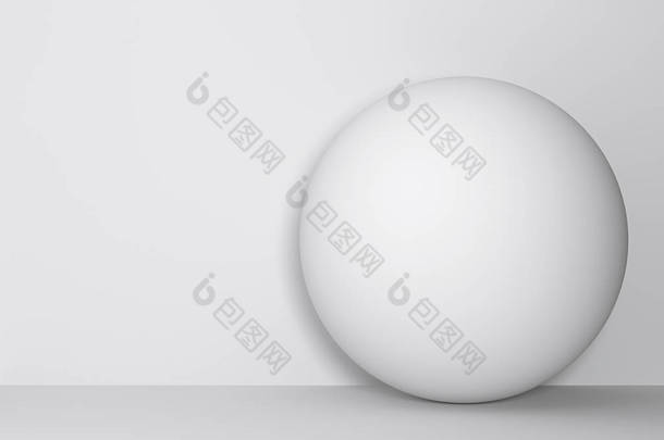在地板上有光背景墙的球形球的白色3d 插图