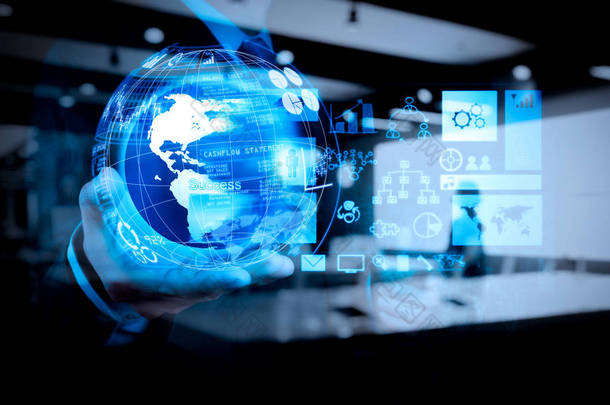 智能 (Bi) 和业务分析 (Ba) 与关键绩效指标 (Kpi) 仪表板在 Vr 全球形式的概念. 商人的双曝光显示纹理世界与数字社会媒体网络.