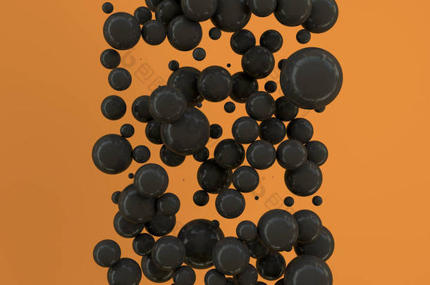 橙色背景上随机大小的黑色球体。抽象背景与圈子。墙前的圆云。3d 渲染插图