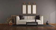典雅的客厅与白色沙发, 皮革咖啡桌和装饰对象-3d 渲染