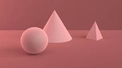 几何形状的抽象场景。球, 圆锥和金字塔粉粉红色。柔和的环境光在3d 场面与红棕色背景。3d 渲染
