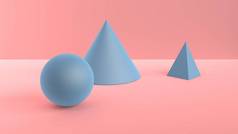 几何形状的抽象场景。球, 锥, 和金字塔蓝色。柔和的环境光在3d 场面以柔和的粉红色背景。3d 渲染