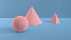 几何形状的抽象场景。球, 圆锥, 和金字塔软粉红色的颜色。3d 场景中带有蓝色背景的柔和环境光线。3d 渲染