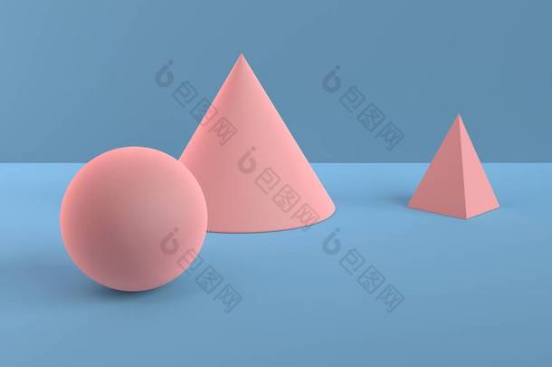 几何形状的抽象场景。球, 圆锥, 和金<strong>字</strong>塔软粉红色的颜色。3d 场景中带有蓝色背景的柔和环境光线。3d 渲染