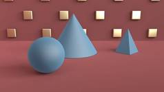 几何形状的抽象场景。球, 锥, 和金字塔蓝色。柔和的环境光在3d 场面与风扇红色褐色颜色和金黄立方体在棋盘样式在后面墙壁。3d 渲染
