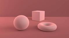 几何形状的抽象场景。球, 立方体和圆环柔软的粉红色。柔和的环境光在3d 场面与红棕色背景。3d 渲染