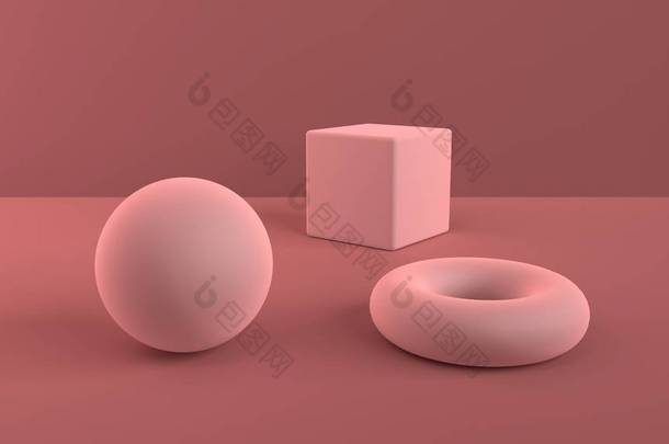 几何形状的抽象场景。球, 立方体和<strong>圆环</strong>柔软的粉红色。柔和的<strong>环</strong>境光在3d 场面与红棕色背景。3d 渲染