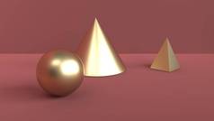 几何形状的抽象场景。球, 锥形和金字塔的黄金颜色。柔和的环境光在3d 场面与红棕色背景。3d 渲染