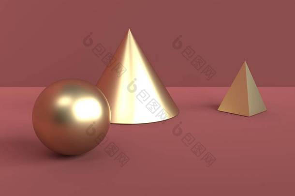 几何形状的抽象场景。球, 锥形和金<strong>字</strong>塔的黄金颜色。柔和的环境光在3d 场面与红棕色背景。3d 渲染