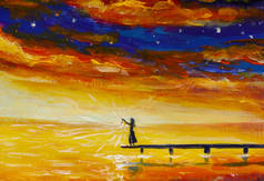 梦幻画黑女人女孩与灯笼在黄河来电。红色蓝色云彩-绘画海景片断.