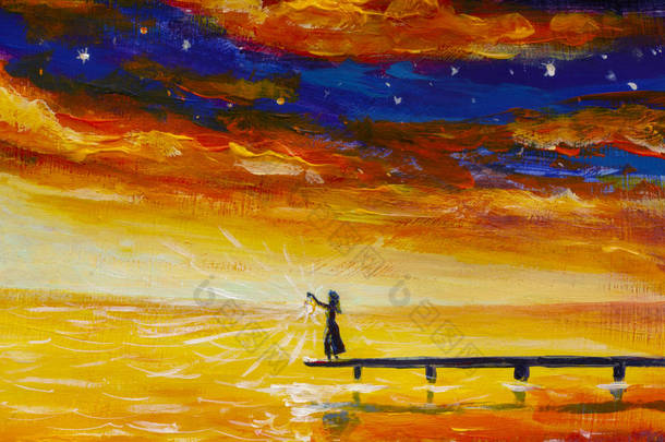 梦幻画黑女人女孩与灯笼在黄河来电。红色蓝色云彩-绘画海景片断.