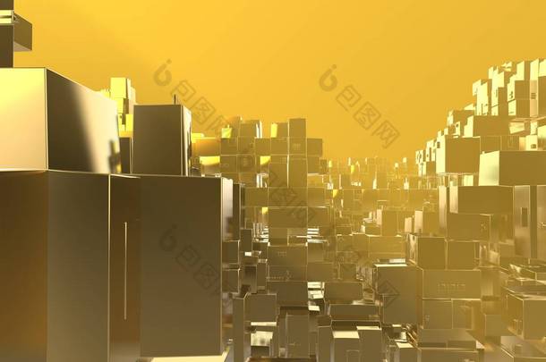 财富丰富概念理念黄金城市日落光线抽象空间背景. 3 d 例证渲染