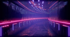3d 渲染插图。科幻未来抽象梯度蓝紫色粉红色霓虹灯。在混凝土地板反射的一个发光的走廊。黑暗的室内空间.