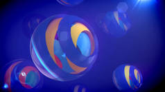 一个愉快的3d 例证的嵌套眼睛相机对象的彩虹颜色放置在杯子看半球形与分裂在蓝色背景。他们创造了快乐和乐观的心情.
