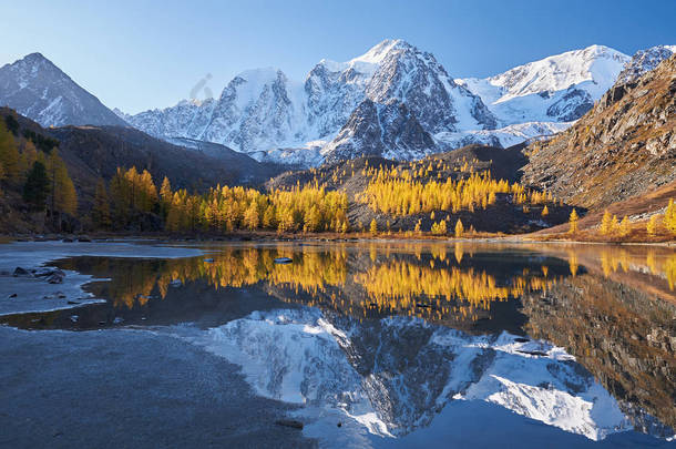 明亮多彩的黄河秋山湖, 俄罗斯, 西伯利亚, 阿尔泰山脉, Chuya 岭.