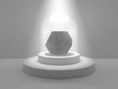 在演播室中心的十二面体, 在一个圆形的基座上, 在被光线照亮的玻璃帽下。由银、铂和灰石制成的十二面体。3d 渲染