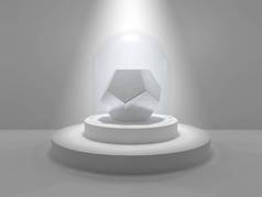 在演播室中心的十二面体, 在一个圆形的基座上, 在被光线照亮的玻璃帽下。由银、铂和灰石制成的十二面体。3d 渲染