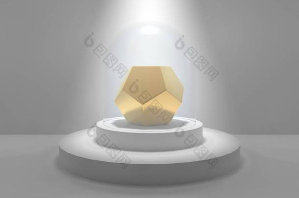 在演播室中心的十二面体, 在一个<strong>圆形</strong>的基座上, 在被<strong>光线</strong>照亮的玻璃帽下。由黄金制成的十二面体, 有斑点和灰色的石头。3d 渲染
