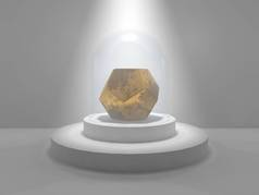 在演播室中心的十二面体, 在一个圆形的基座上, 在被光线照亮的玻璃帽下。由黄金制成的十二面体, 有斑点和灰色的石头。3d 渲染