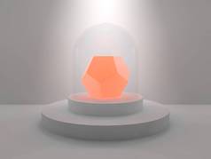 在演播室中心的十二面体, 在一个圆形的基座上, 在被光线照亮的玻璃帽下。十二面体, 一种火红的宝石, 橙色, 发光。3d 渲染