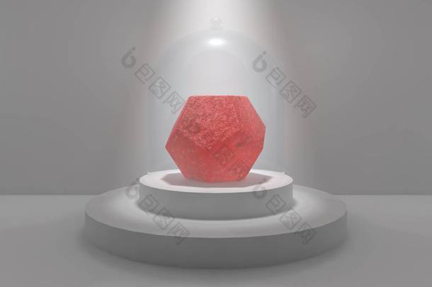 在演播室中心的十二面体, 在一个圆形的基座上, 在被光线照亮的玻璃帽下。十二面体, 红色的标准, 发光的石头, 有白色斑点。3d 渲染