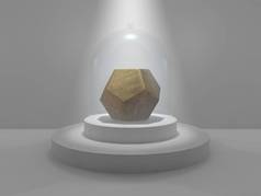 在演播室中心的十二面体, 在一个圆形的基座上, 在被光线照亮的玻璃帽下。由黄金制成的十二面体, 有斑点和灰色的石头。3d 渲染
