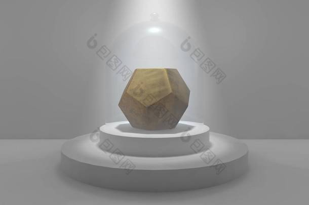 在演播室中心的十二面体, 在一个<strong>圆形</strong>的基座上, 在被<strong>光线</strong>照亮的玻璃帽下。由黄金制成的十二面体, 有斑点和灰色的石头。3d 渲染
