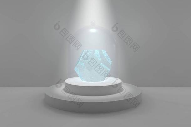 在演播室中心的十二面体, 在一个<strong>圆形</strong>的基座上, 在被<strong>光线</strong>照亮的玻璃帽下。十二面体, 冷冻冰, 蓝色红血球, 蓝色玻璃。3d 渲染