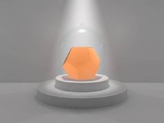 在演播室中心的十二面体, 在一个圆形的基座上, 在被光线照亮的玻璃帽下。十二面体, 一种火红的宝石, 橙色, 发光。3d 渲染