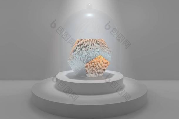 在演播室中心的十二面体, 在一个圆形的基座上, 在被光线照亮的<strong>玻璃</strong>帽下。十二面体、冷冻冰、宝石、钻石、<strong>玻璃</strong>。3d 渲染