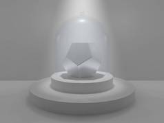 在演播室中心的十二面体, 在一个圆形的基座上, 在被光线照亮的玻璃帽下。十二面体, 白金标准, 贵金属储存。3d 渲染