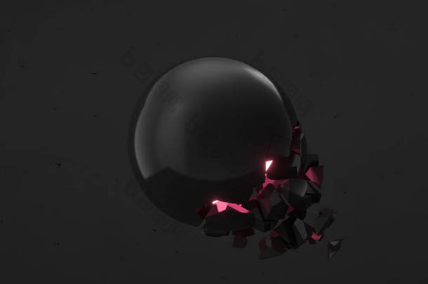 破碎的黑色球体, 内部有红色的光芒, 黑色背景上的碎片掉落。毁灭的概念。抽象3d 渲染插图. 