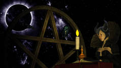 一个带烛光的巫婆在五星背景下阅读魔法书的说明- - 3D渲染