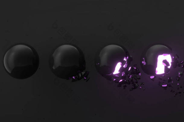 破碎的黑色<strong>球体</strong>, 内部有紫色的光芒, 黑色背景上的碎片。毁灭的概念。<strong>抽象</strong>3d 渲染插图. 