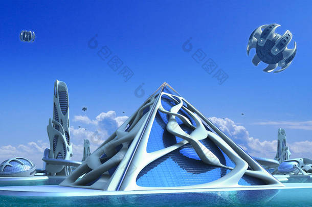3d 未来主义城市建筑与玻璃金字塔和塔被葡萄酒般的有机结构包围在码头天际线上, 幻想和科幻小说插图.