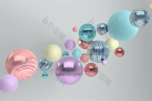 3d 渲染漂浮抛光蓝色, 粉红色, 涡轮和闪亮的大理石球体在白色背景。抽象几何成分。在柔和的颜色与柔和的阴影组球