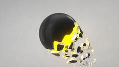 裂开的黑色球体, 内部有黄色的光芒, 落在白色背景上。毁灭的概念。抽象3d 渲染插图. 