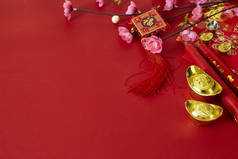 中国新年2019年节日装饰梅花在红色的背景 (汉字. 在文章中提到好运, 财富, 资金流动) 空的空间为设计