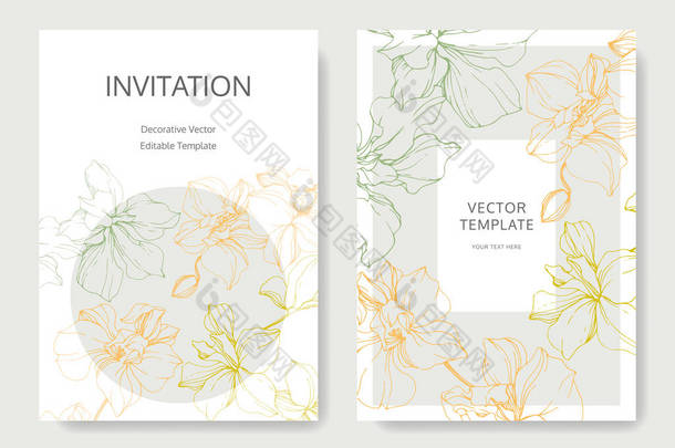 带有<strong>花卉装饰</strong>边框的婚礼卡片。美丽的兰花。谢谢你, rsvp, 邀请优雅的卡片插图图形集.